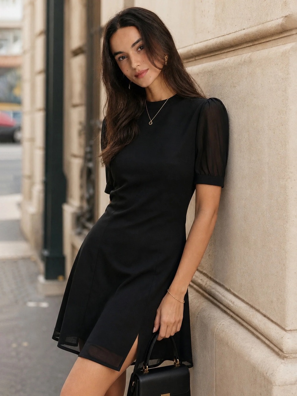 Rihoas Black Mock Neck Elegant Black Puff-Sleeve Mini Dress